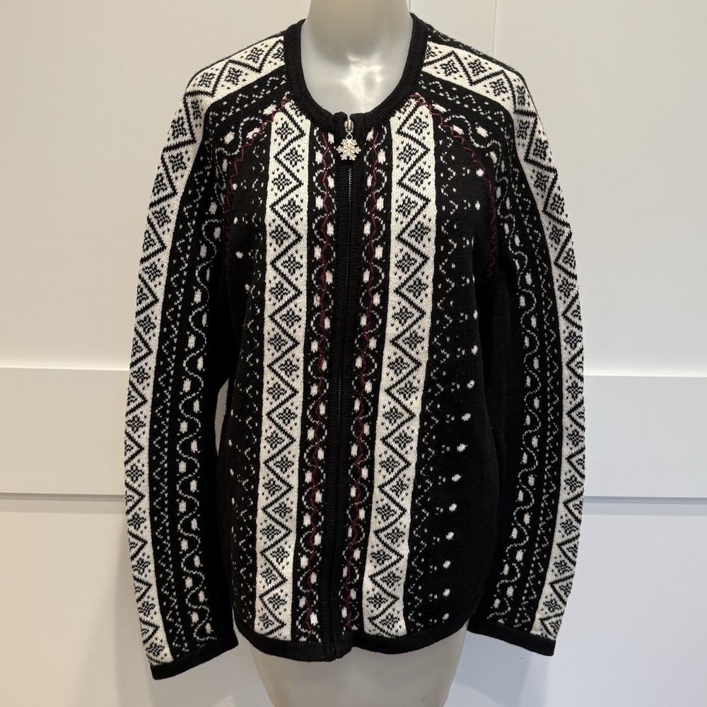 Fair Isle Cardigan Black Ivory Geometric Snowflake Zip Sweater Breckenridge MED